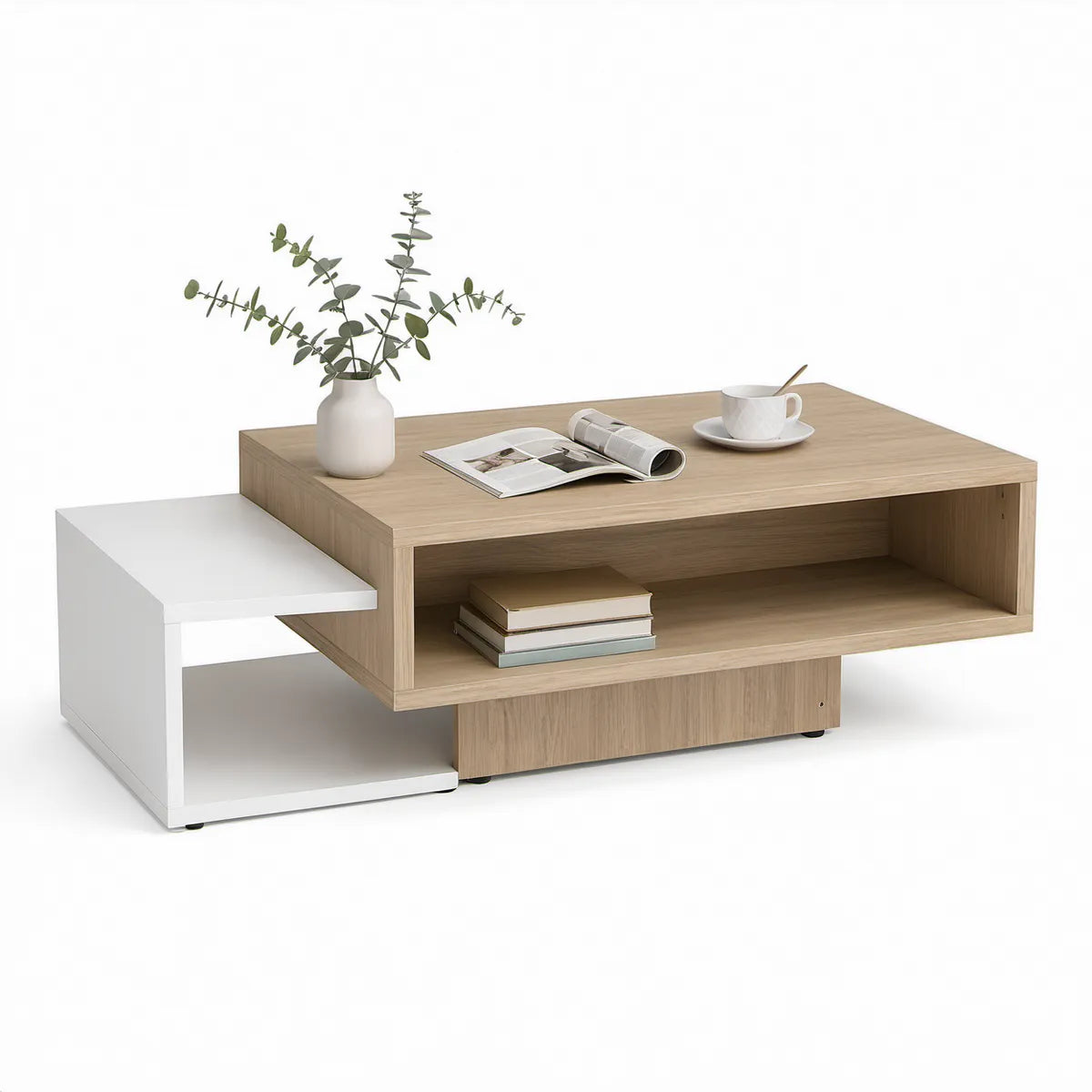 Konferenční stolek s výsuvnou boční částí a úložným prostorem 140 × 50 × 40 cm, bílý/dub sonoma