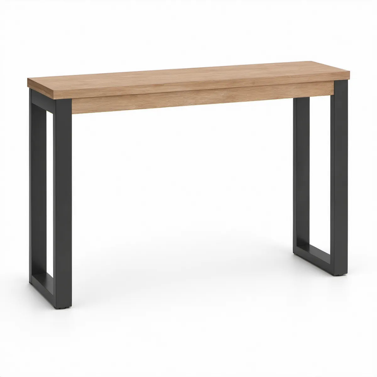 Konzolový stolek s deskou v dekoru dubu a černou ocelovou konstrukcí, 120 × 35 × 75 cm