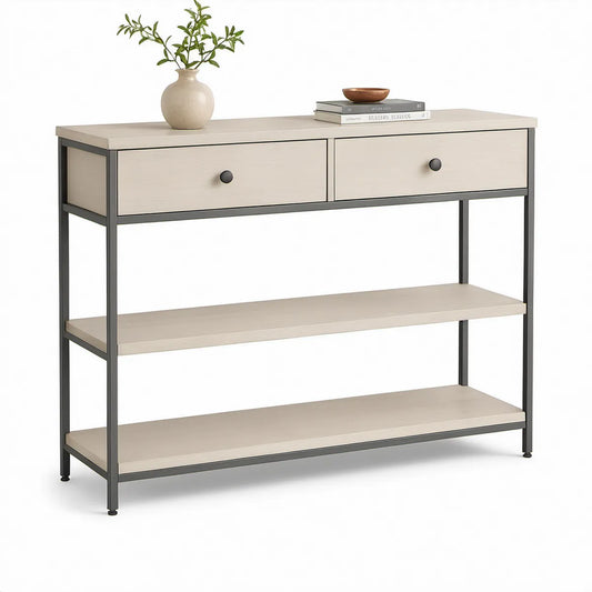 Konzolový stolek se 2 zásuvkami a 2 policemi, MDF a ocel, 100 × 30 × 80 cm, béžový/černý