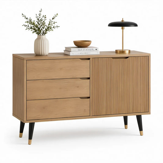 Příborník z MDF s dubovou dýhou, 3 zásuvkami a 2 dvířky, 140 × 40 × 85 cm